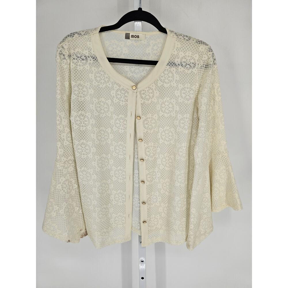 MOB Womens Sz L Button Up Bell Sleeve Blouse Cream Lace Boho